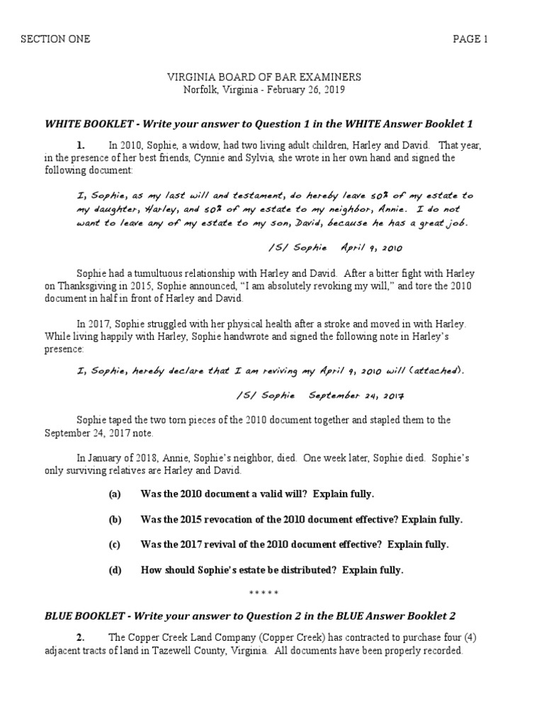 2019 February VA Bar Exam AM PDF Lawsuit Common Law