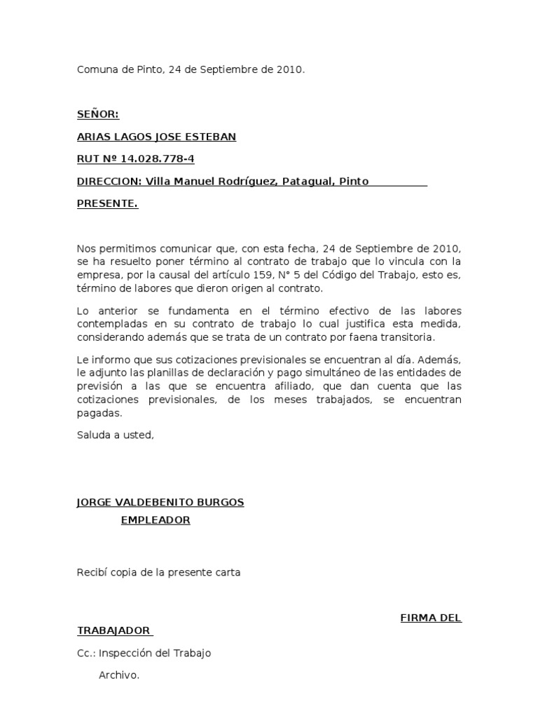 Carta De Aviso Terminacion Contrato Laboral Recipes Web M  Gambaran