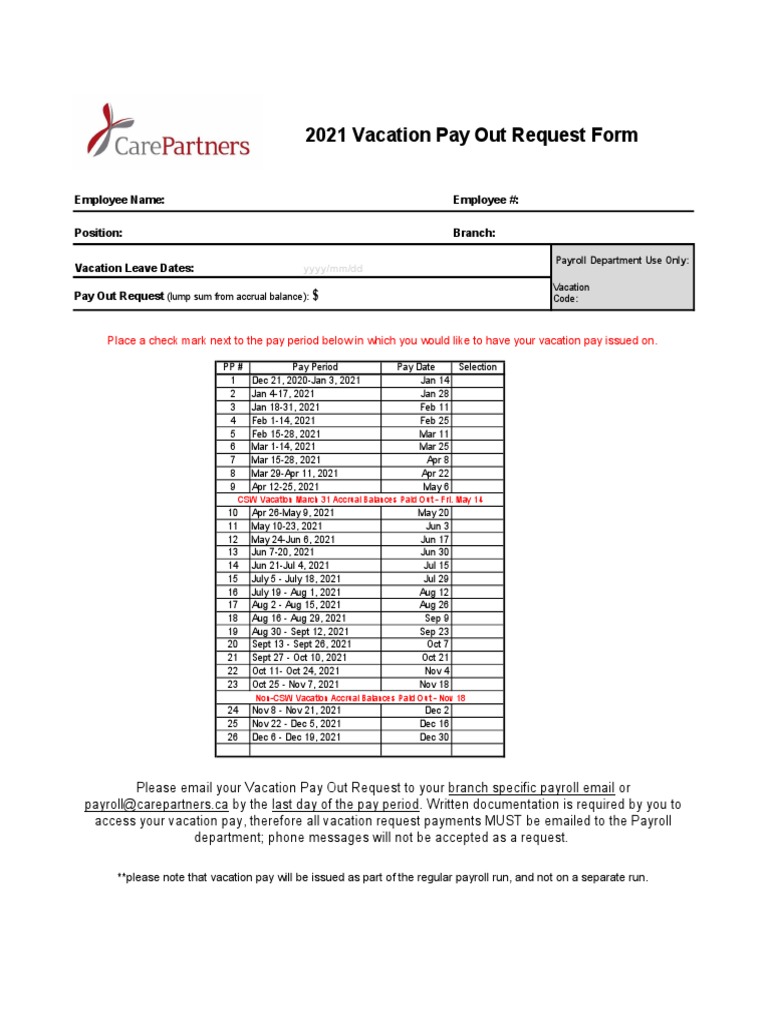 2021 Vacation Payout Request Form Download Free PDF Payroll