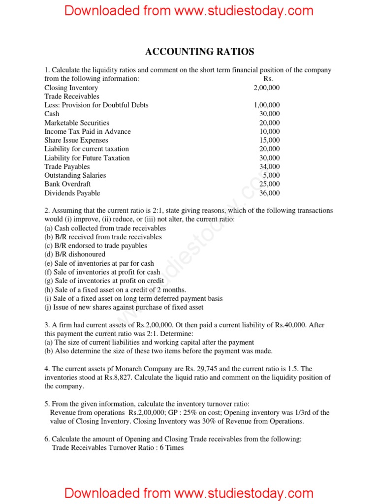 Class 12 Accounting Ratios Practice Guide | PDF | Revenue | Taxes