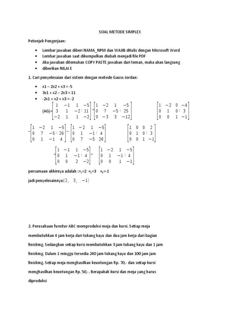 Penyelesaian Metode Simplex dan Gauss-Jordan | PDF