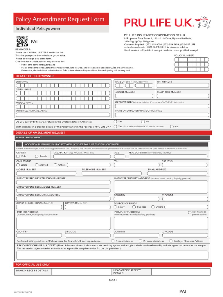Pru Life Policy Amendment Request Form | PDF | Insurance | Privacy