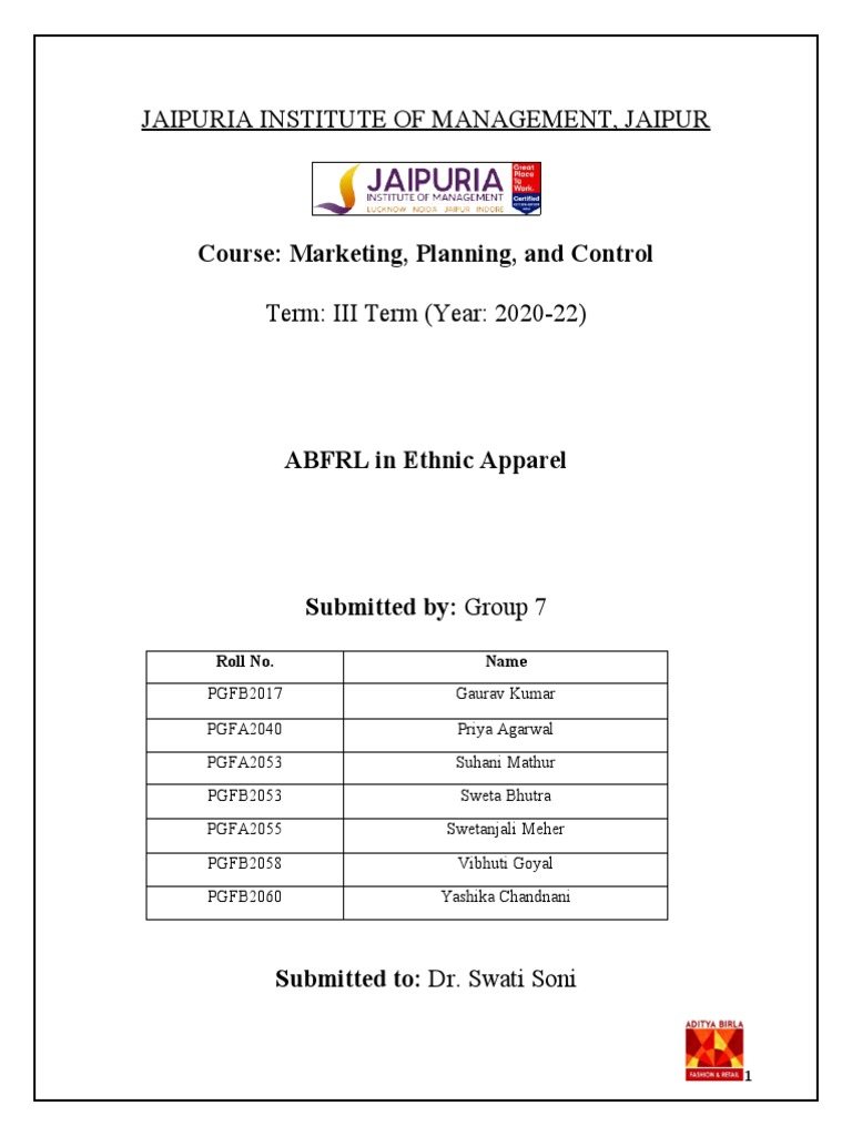 Group 7 - ABFRL in Ethnic Apparel, PDF, Market (Economics)