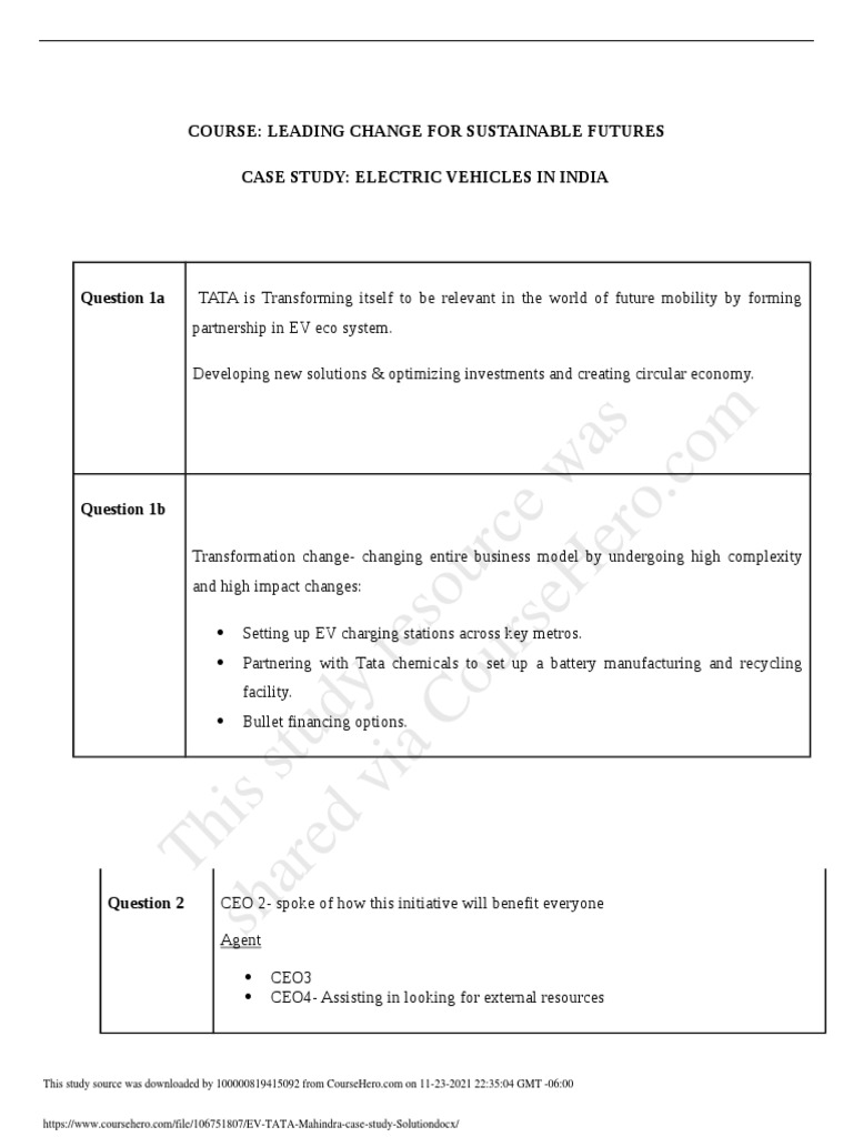 This Study Resource Was Course Leading Change For Sustainable Futures Case Study Electric