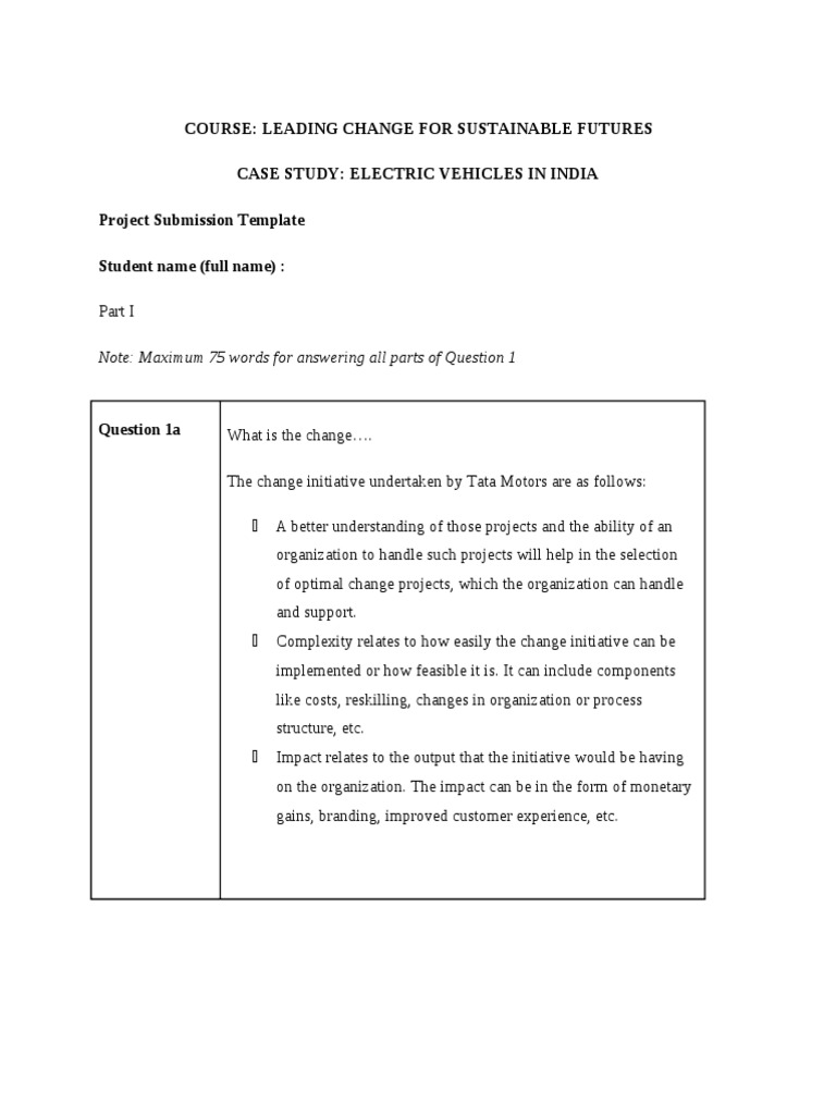 Course Leading Change For Sustainable Futures Case Study Electric Vehicles in India Project