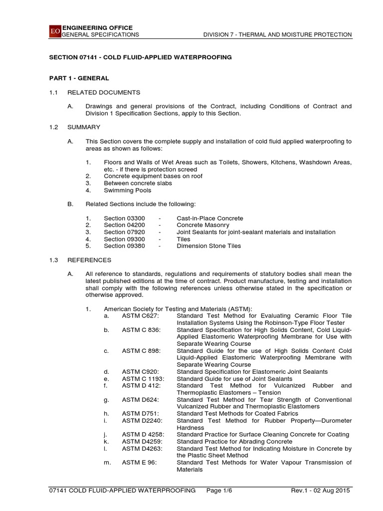 Cold Fluid-Applied Waterproofing Specs | PDF | Concrete | Specification ...
