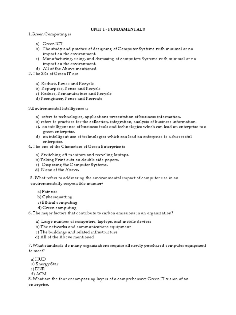 MCQ Green Computing PDF Virtualization Electronic Waste