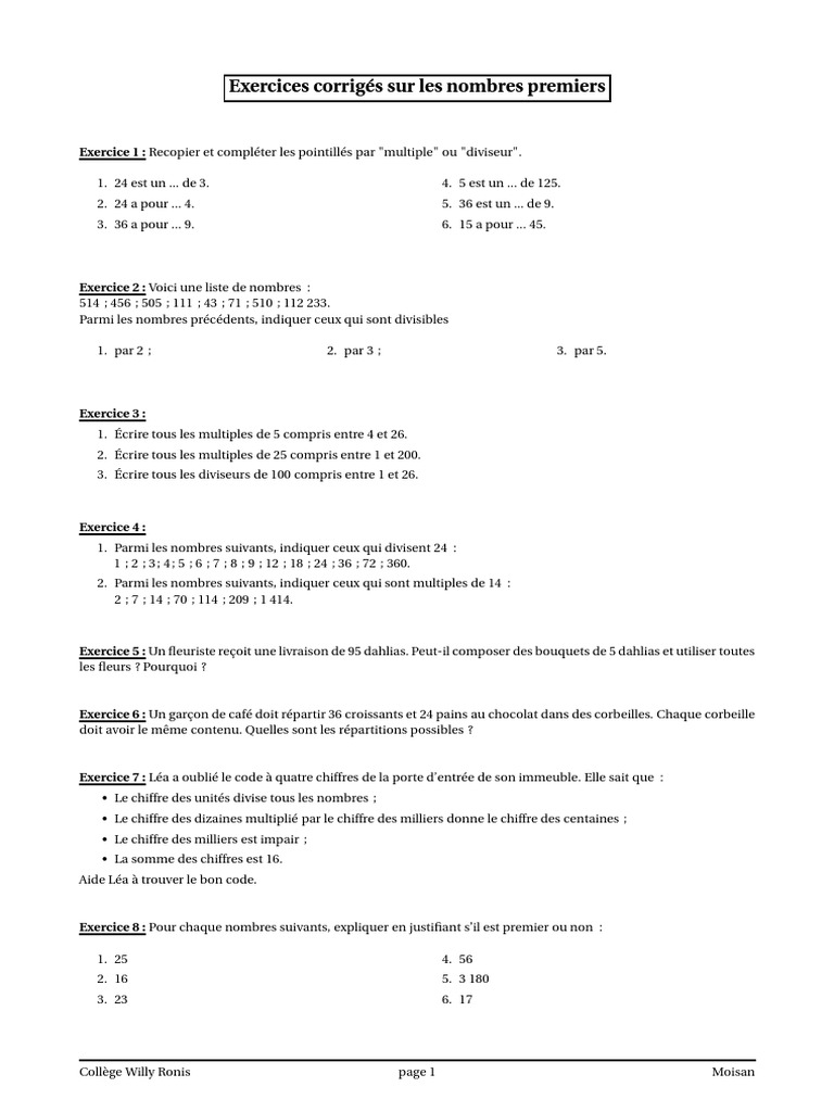 Exercice Enchainement D Opération 5ème Avec Correction Chap 6 Exercices Corriges 5eme | PDF | Nombre premier | Théorie des nombres