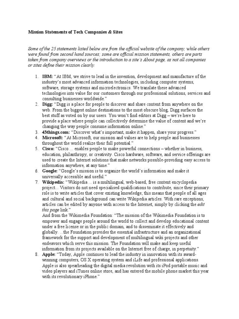 Mission Statements of Tech Companies | PDF | Internet | Ad Words