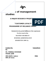 Institute of Management Studies: A Major Research Project On "Customer Loyalty Programme of Reliance Fresh"