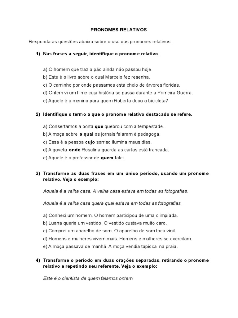 Exercício Pronomes Relativos - Com Gabarito | PDF