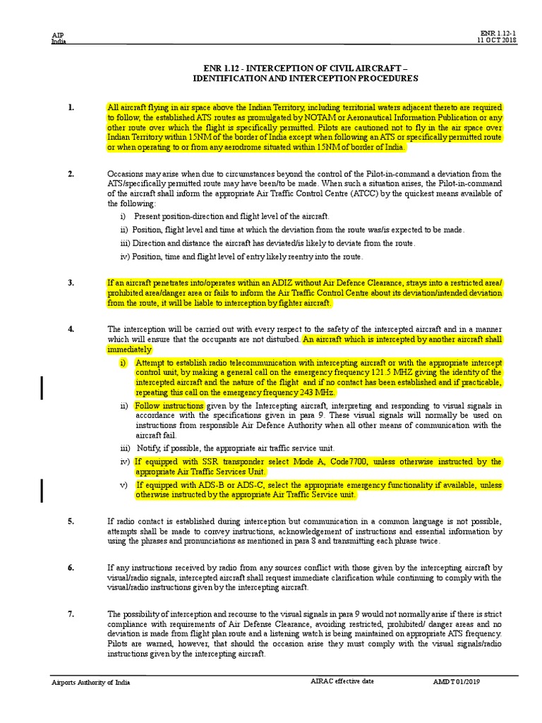 Aircraft Interception Procedures in India | PDF | Air Traffic Control ...