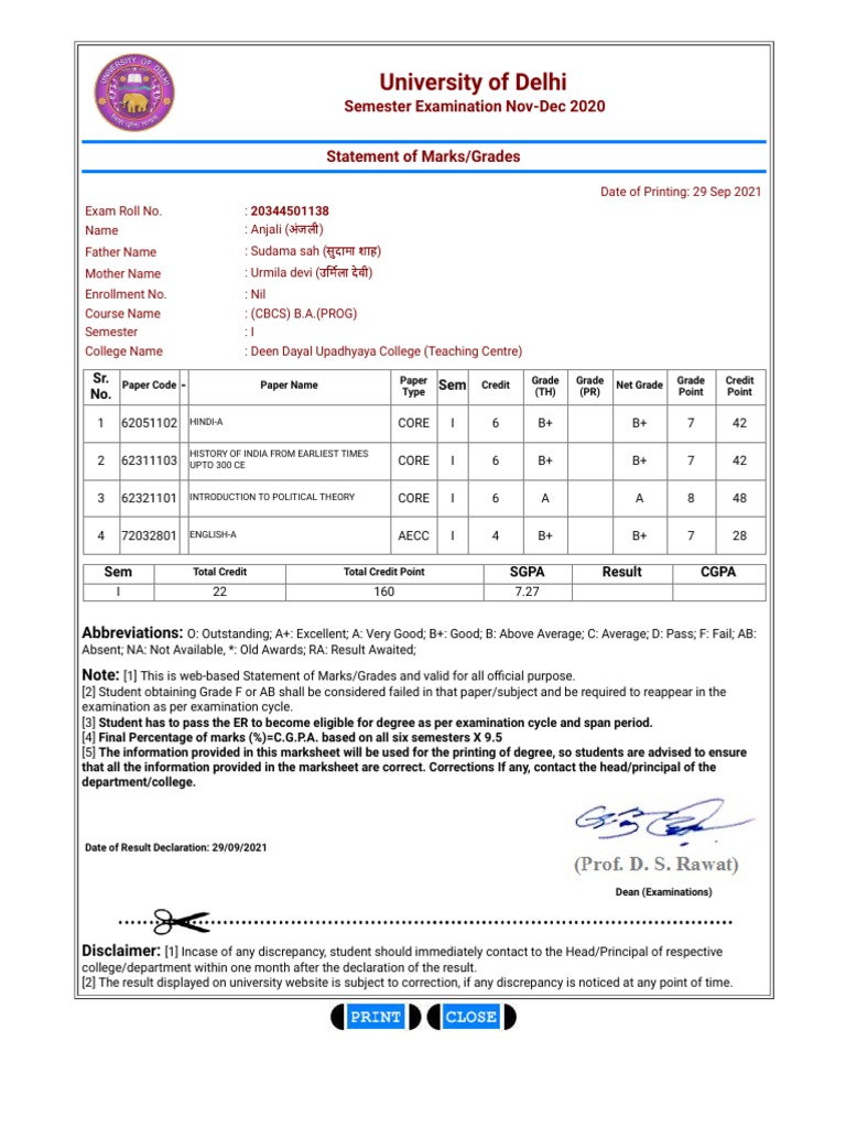 University of Delhi Semester Examination NovDec 2020 Statement of Marks/Grades PDF