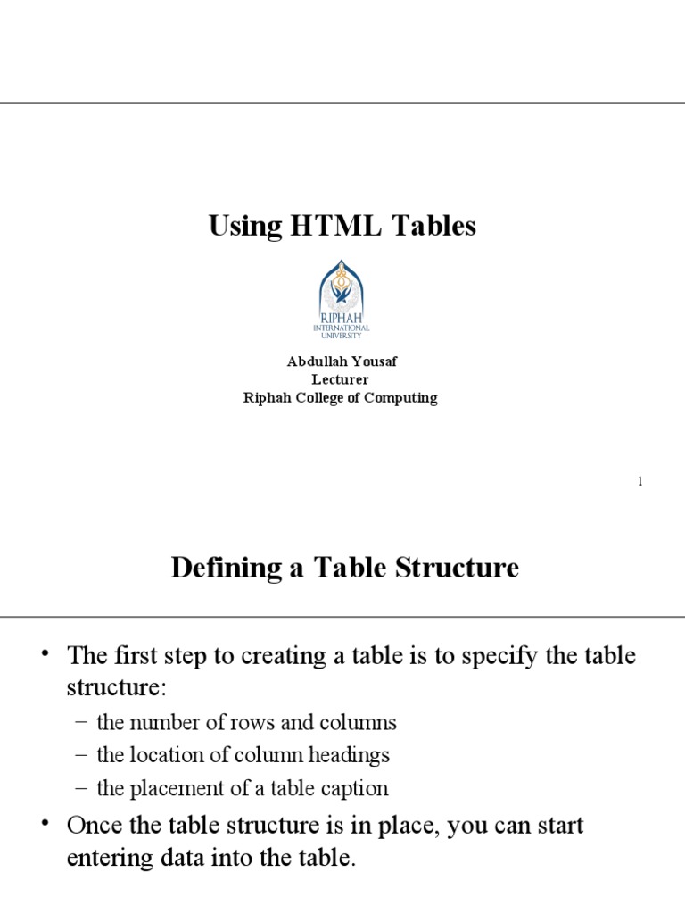 Lecture 3 Table HTML PDF Html Element Html