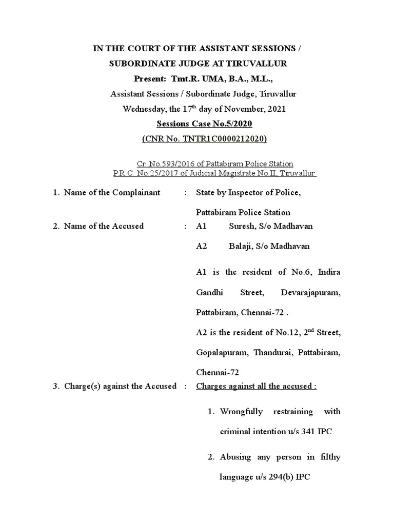 In The Court of The Assistant Sessions / Subordinate Judge at ...