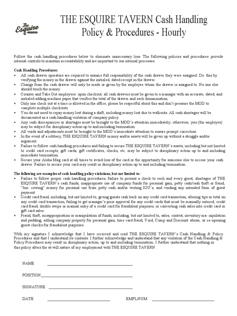 Cash Handling Policy Hourly PDF Credit Card Money