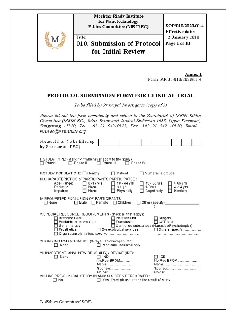 Initial Review Version 4 Annex 1 Protocol Submission Form For