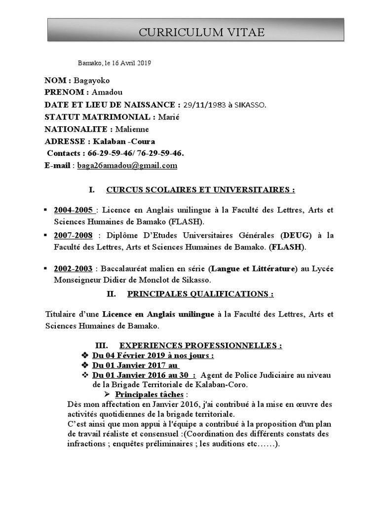 Quelle Est L année De Naissance D amadou Pix CV de Amadou Bagayogo | PDF
