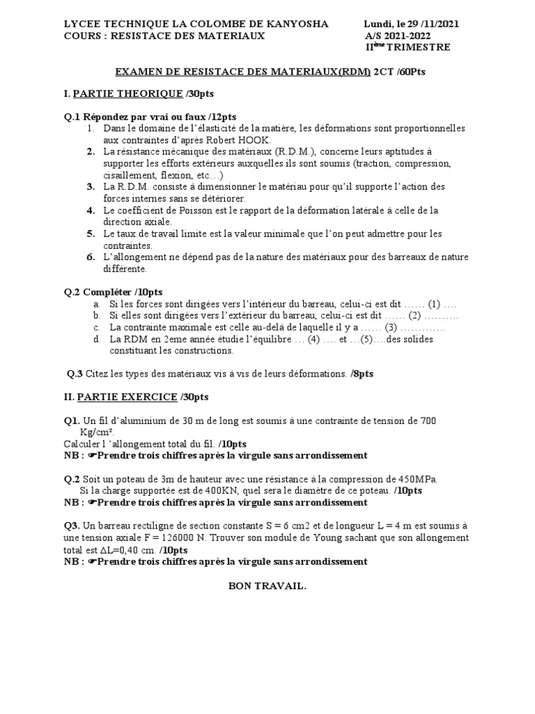 Examen de Résistance des Matériaux RDM | PDF