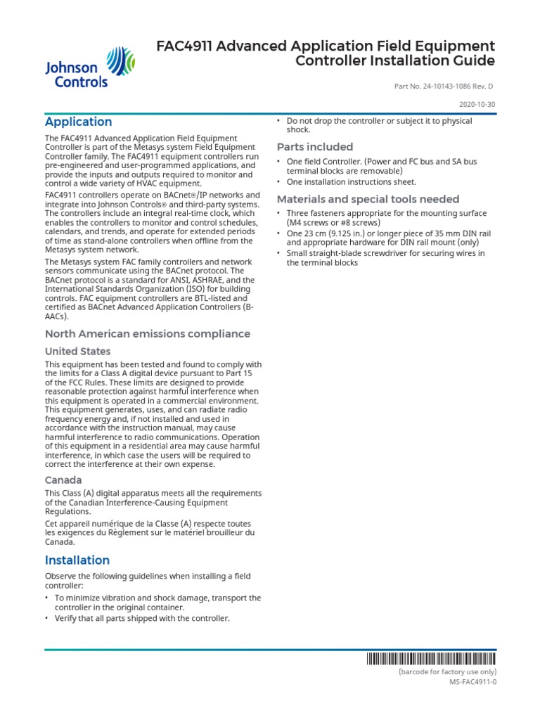 FAC4911 Advanced Application Field Equipment Controller Installation