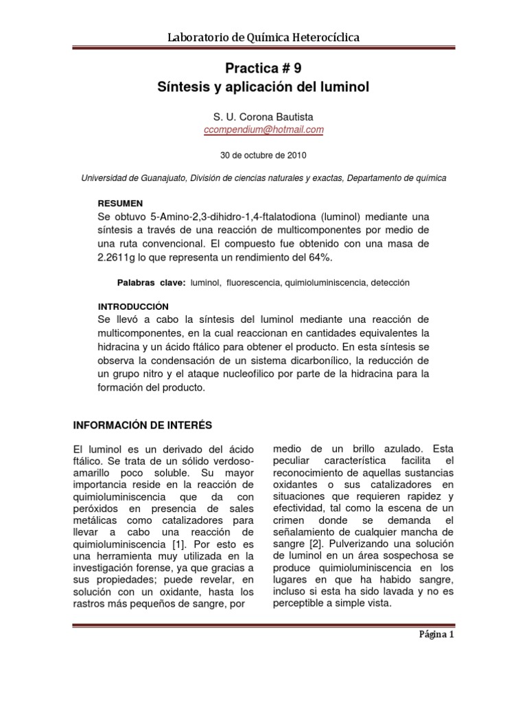 Reporte Luminol Lab Heterociclica Articulo PDF Reacciones químicas Ciencias fisicas
