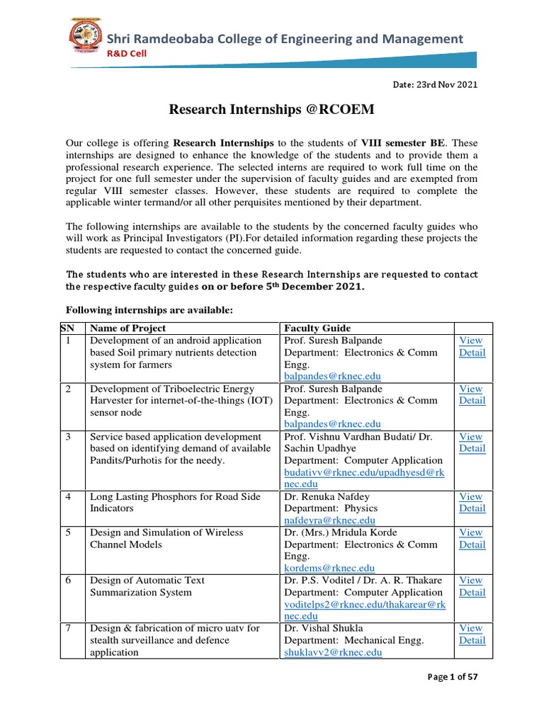 Reseach Internship 202122 Detailed Notice PDF Engineering Filter