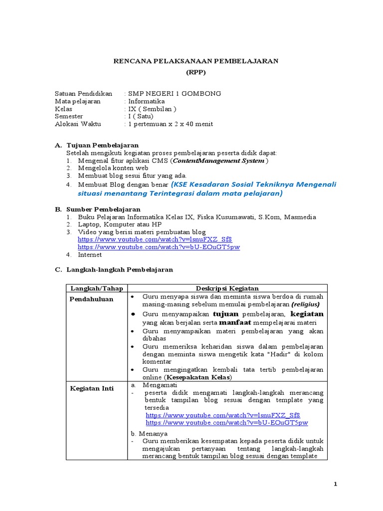 RPP Pembelajaran Informatika Kelas IX | PDF | Seni