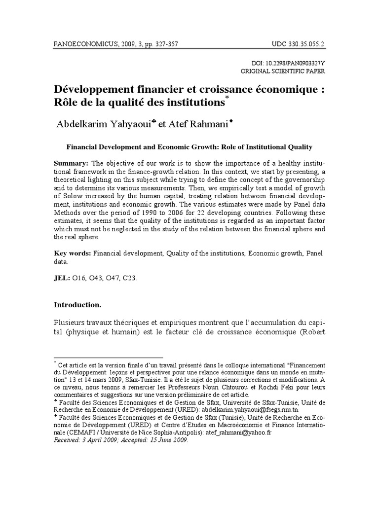 Développement Financier Et Croissance Économique: Rôle de La Qualité ...