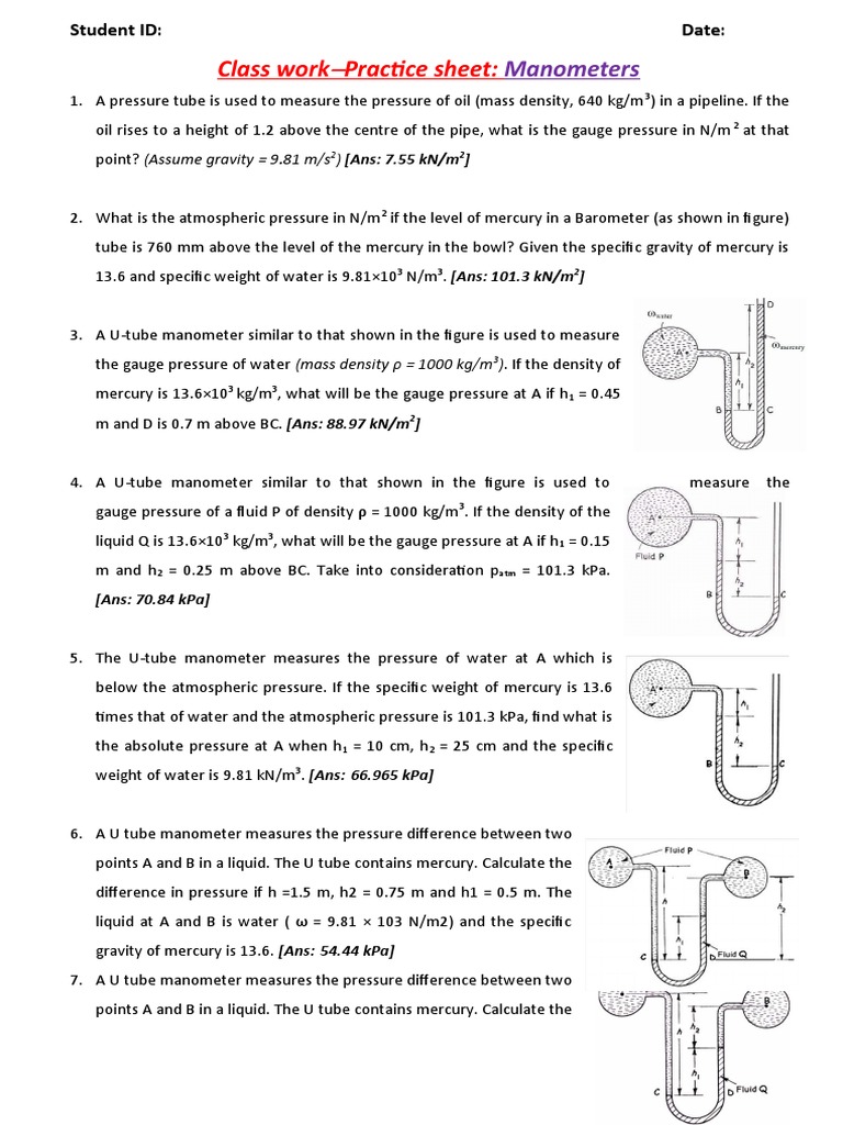 Manometer Practice Problems Worksheet | PDF | Pressure Measurement ...