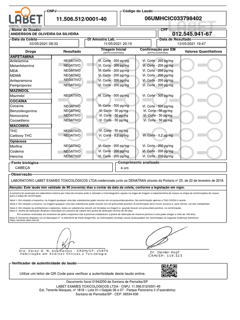 labet exames toxicológicos ltda cnpj