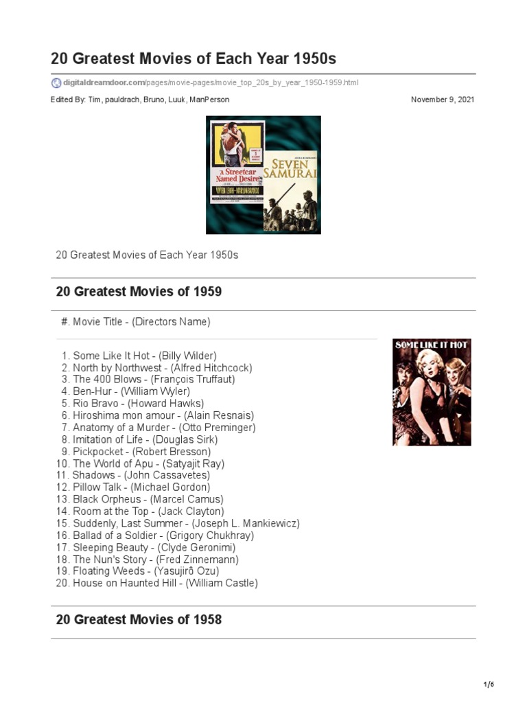 20 Greatest Movies of Each Year 1950s | PDF