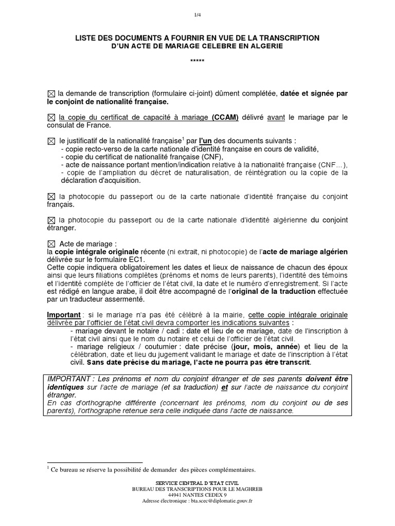 Copie Intégrale Acte De Naissance Ec7 Algérie Pdf Algerie Mariage Liste Docs Formulaire | PDF | Certificat de naissance |  Mariage