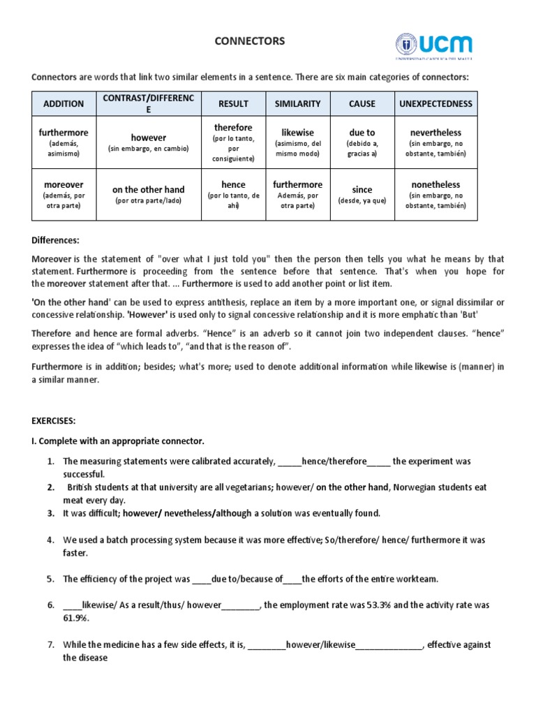 Connectors Exercise PDF Linguistics Syntax