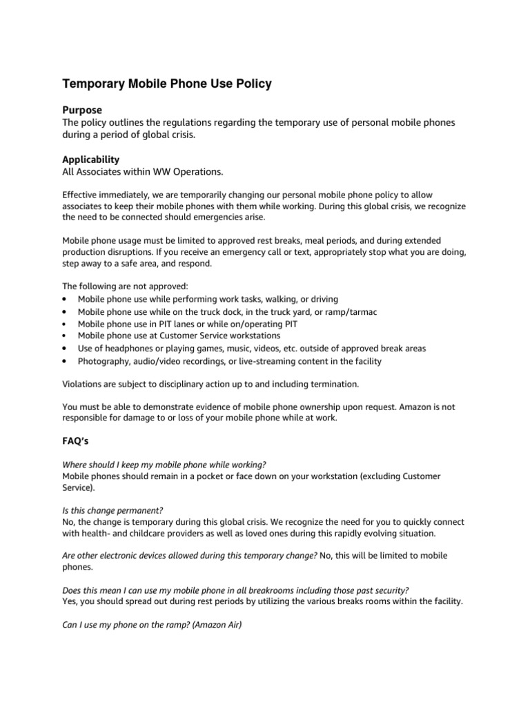 Temporary Mobile Phone Use Policy Purpose PDF