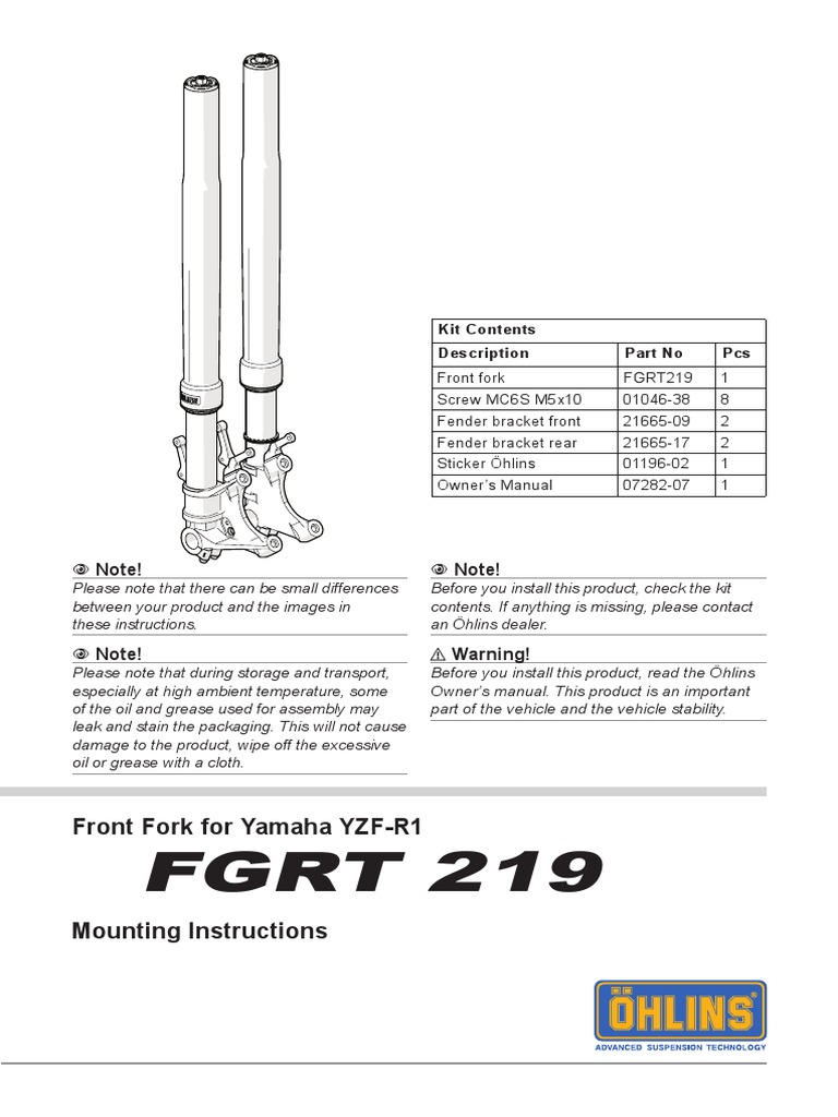 Ohlins DTC Einbauanleitung Oehlins Motorrad FGRT 219 PDF Brake