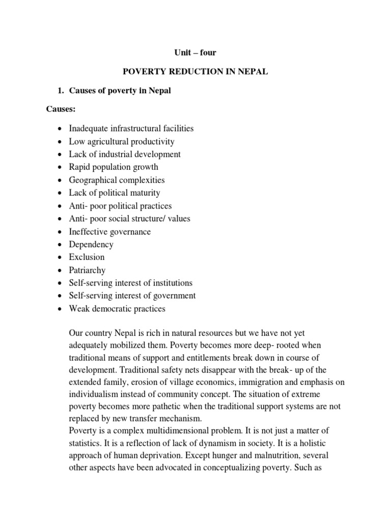 Unit - Four Poverty Reduction in Nepal 1. Causes of Poverty in Nepal ...
