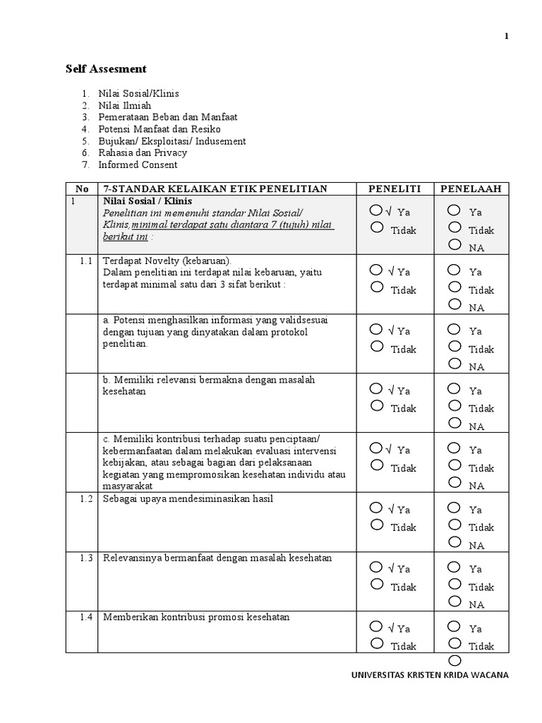 Self Assesment: No 7-Standar Kelaikan Etik Penelitian Peneliti Penelaah ...