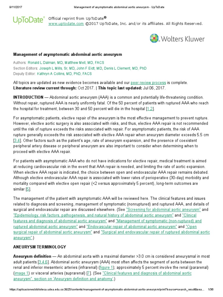 Management of Asymptomatic Abdominal Aortic Aneurysm UpToDate PDF Interventional Radiology