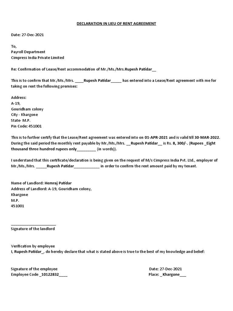 Khargone Rent Agreement Declaration | PDF