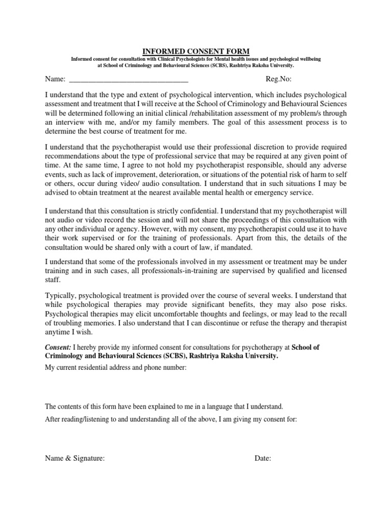 Consent Form Assessment and Treatment | PDF | Psychotherapy | Psychology