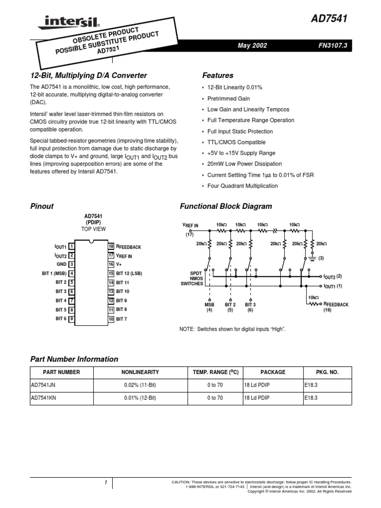 12Bit, Multiplying D/A Converter Features Obso Lete Prod UCT Ible S