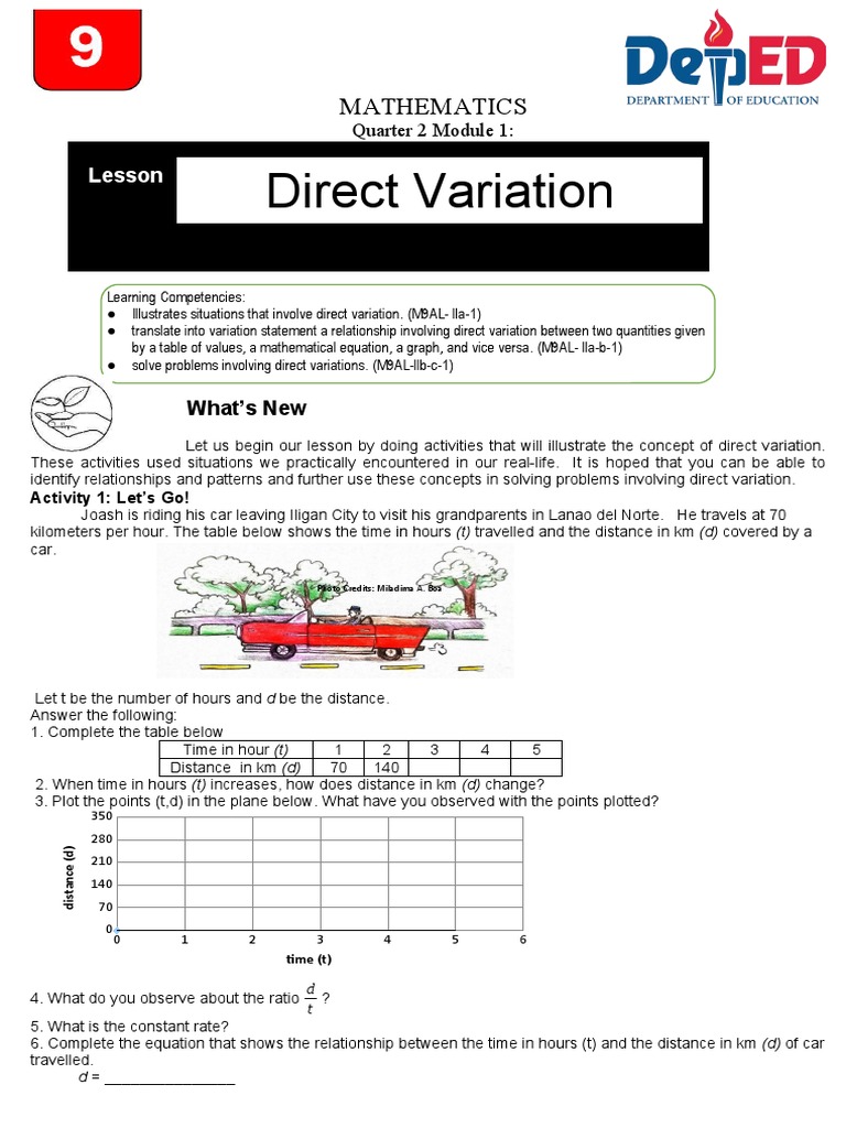 Direct Variation in Mathematics Module | PDF | Equations | Time