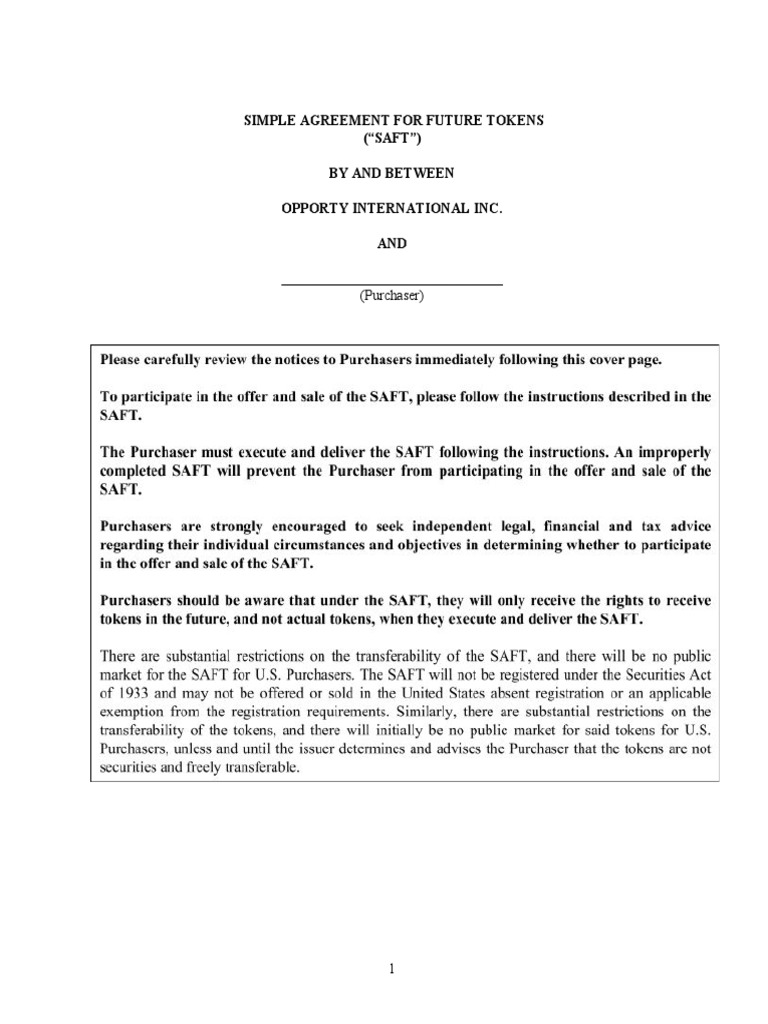 SAFT Agreement for OPP Tokens | PDF | Arbitration | Securities Act Of 1933