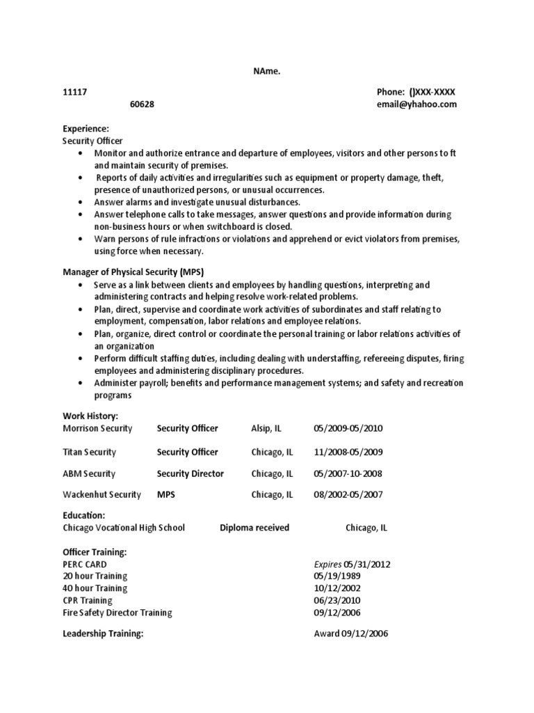 Security Guard Resume