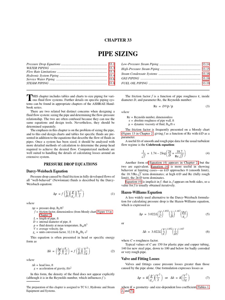 Pipe Sizing Pressure Drop Equations DarcyWeisbach Equation PDF