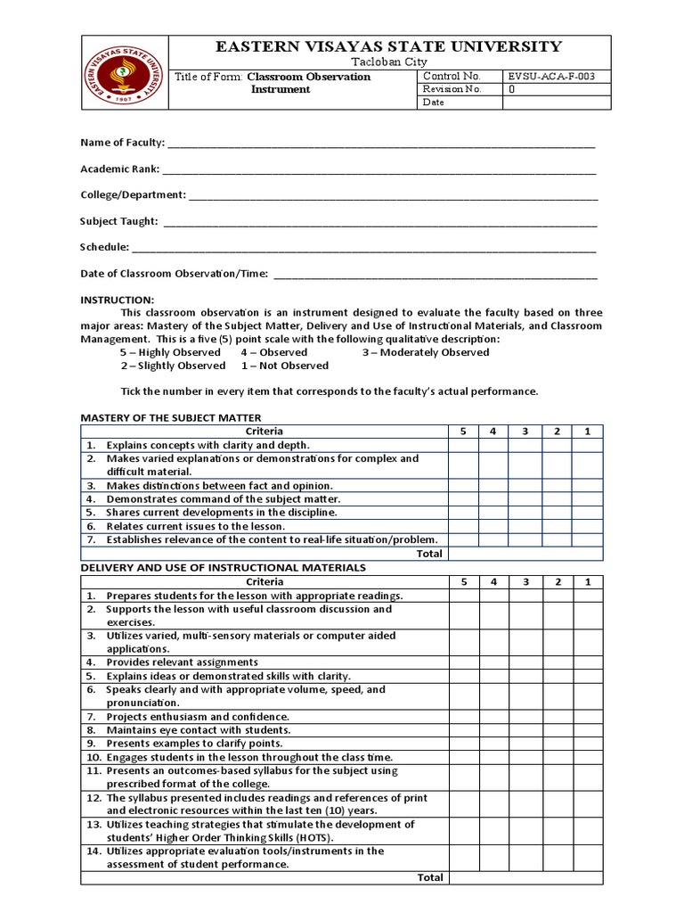 Classroom Observation Instrument 2019 | PDF | Teachers | Classroom