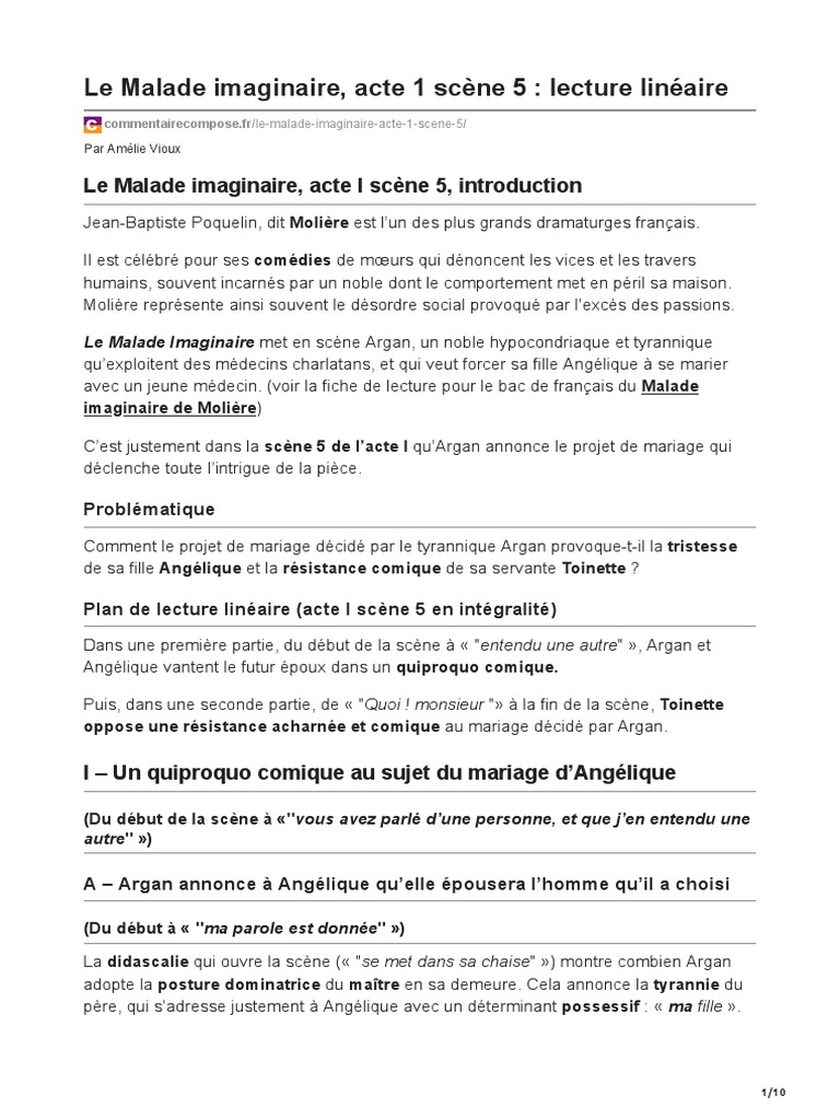 Analyse Linéaire Le Malade Imaginaire Acte 1 Scène 1 Le Malade Imaginaire LL1 | PDF | Molière