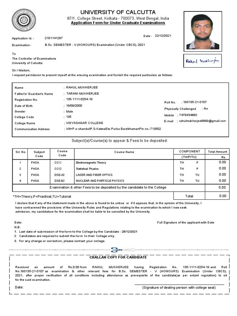Calcutta University UG Exam Application Form | PDF | Government