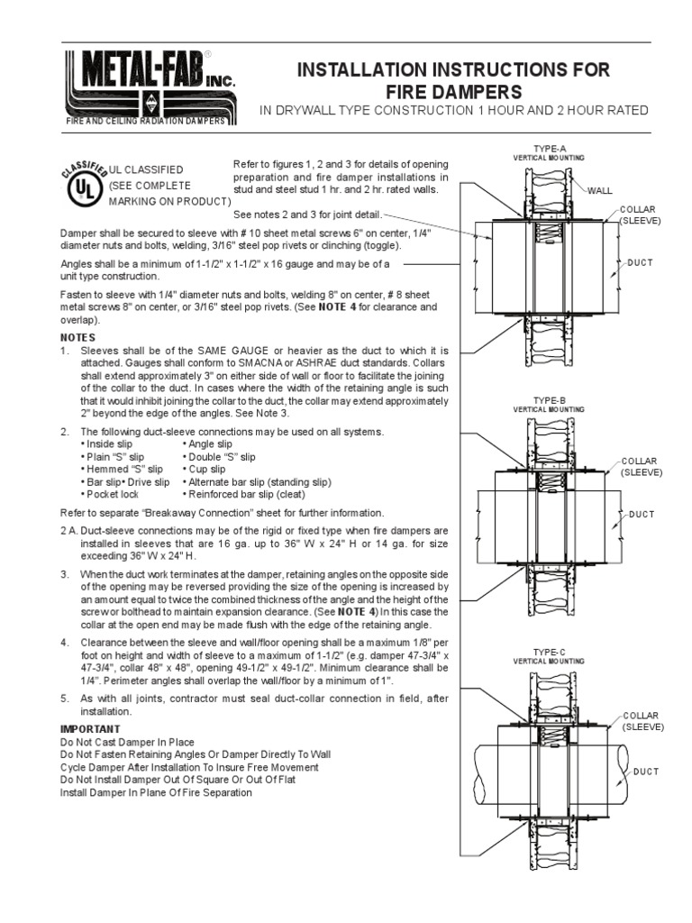 Fire Damper Installation Instructions PDF Duct (Flow) Screw
