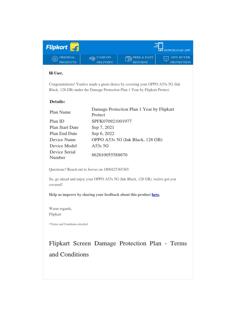 Flipkart Screen Damage Protection Plan Terms and Conditions PDF